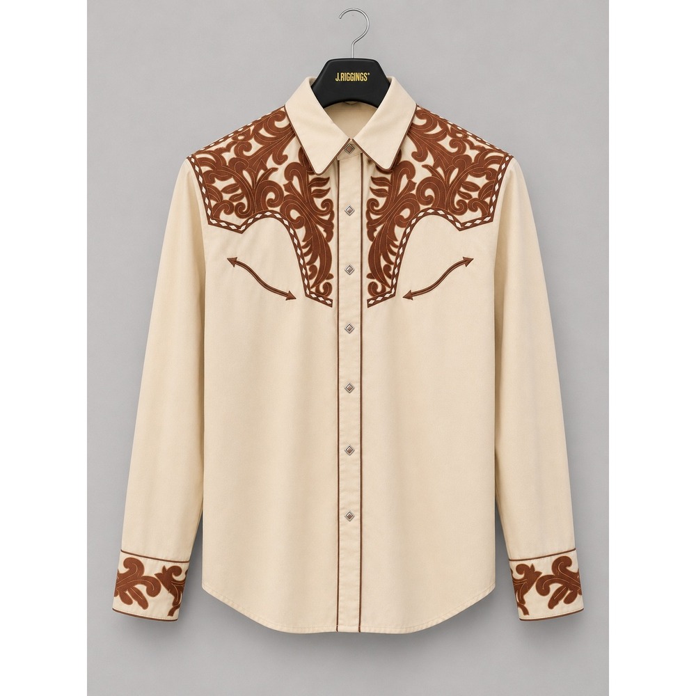 Scully Mens Western Shirt Tan Brown Floral Embroidery Pearl Snap Button Down